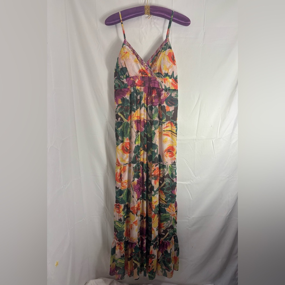 VTG Y2K Multicolor Floral Sequin Tiered Babydoll Smock Fairy Maxi Dress Size‎ L